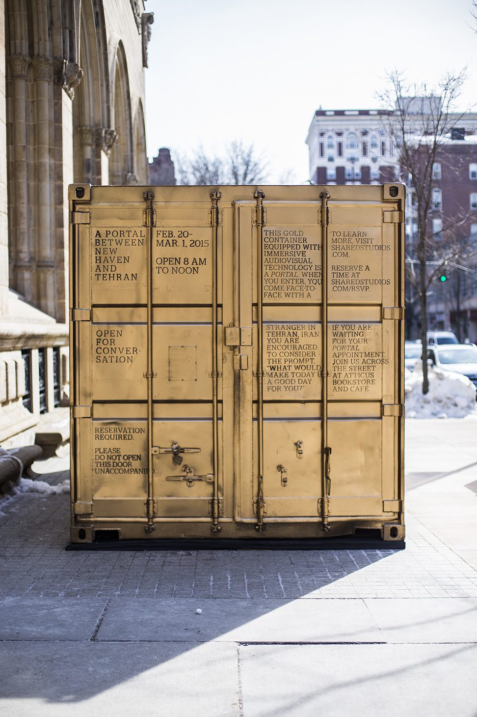 A gold shipping-container Portal outside the Yale University Art Gallery