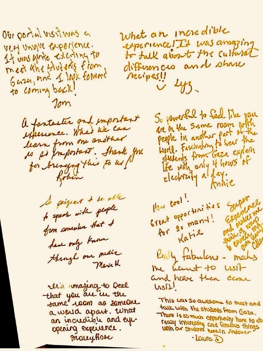 A page of the Portals gold book, filled with handwritten notes from visitors who spoke with students in Gaza