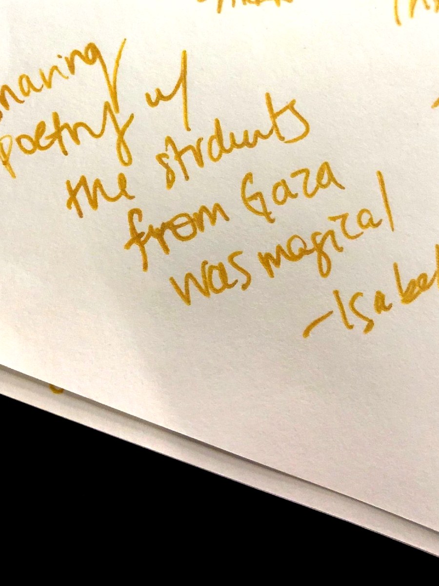 A handwritten page from the gold book at Boston College · 2018 · connected to Gaza