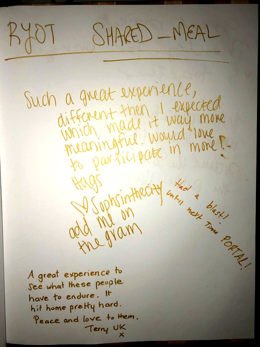 A handwritten page from the gold book at Los Angeles · RYOT · 2018 · a shared meal