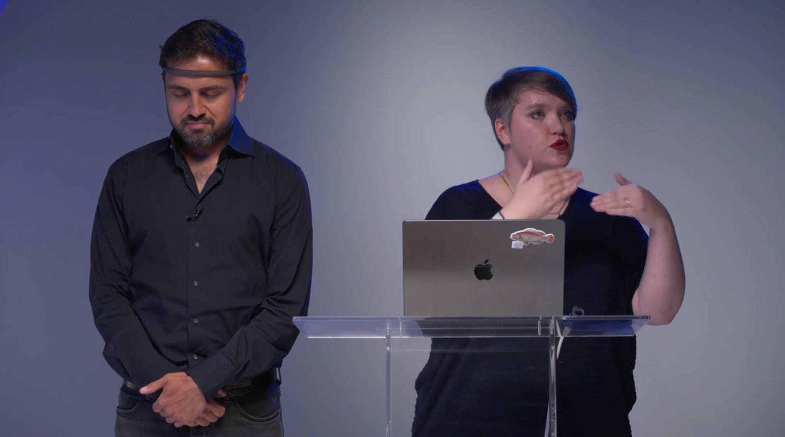 Amar wearing a headband sensor during an interface demonstration